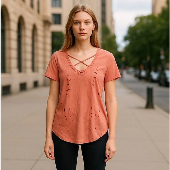 Tommy Destroyed Tee Altβ Umgee Pink Criss Cross Top Grunge Indysleaze Thrashed S - Picture 2 of 7